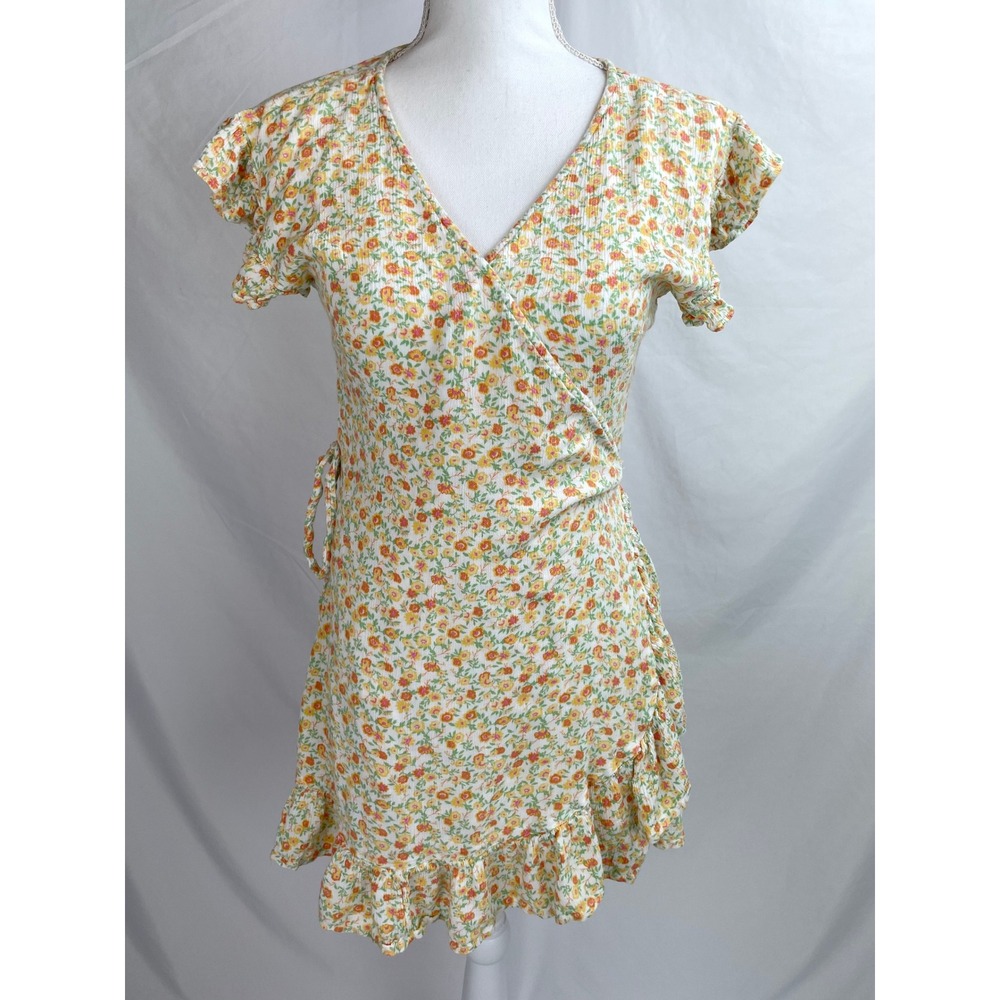 Billabong Wrap Dress Women Medium Yellow Flutter Sleeve Ruffle Floral Summer